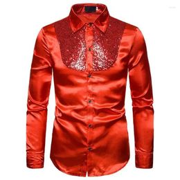 Men's Casual Shirts 2024 Sequins Performance Night Club Clothing Host Polo Neck Fashion Long Sleeve Shirt