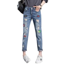 Jeans Wholesale 2017 Fashion Ripped Jeans Woman Holes Denim Pants Embroidered Patches Beggar Jeans Pants For Women Loose Female Jeans T