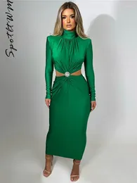 Casual Dresses Elegant Solid Hollow Out Maxi Dress Women Sexy Turtleneck Long Sleeve Pleated Bodycon Fashion Female Party Club Robes