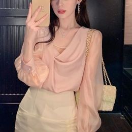 Women's Blouses Korejpaa French Style Pink Swing Collar Women Patchwork Long Sleeve Shirt 2024 Spring Gentle Puff Chiffon Shirts