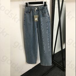 Stickerei-Buchstaben-Jeans für Damen, Designer-Jeans mit hoher Taille, weites, gerades Bein, Denim-Hose