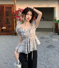 Women's Blouses V Neck Puff Sleeve Shirts Bandage Summer Folds Slim Waist Tops Women Vintage Print Chinese Style Chemise Femme Y2k