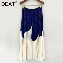 T-Shirt Deat Woman Pleated Skirt Blue Patchwork Striped Print Long High Elastic Waist Vintage Style 2023 New Autumn Fashion 15ht247