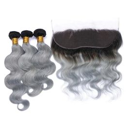 Wefts #1B/Grey Ombre Brazilian Virgin Hair 3Bundles With Frontal Dark Roots Silver Grey Ombre 13x4 Lace Frontal With Body Wave Human Hai