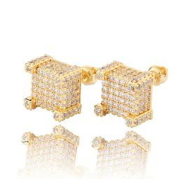 Hip Hop 18K Gold Plated Earrings for Men Gold Silver Iced Out CZ Square Stud Earring With Screw Back Jewelry9678435