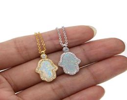 fashion turkish hamsa hand pendant necklaces women ladies delicate dainty gold silver Colour white fire opal stone necklace 2201212812952