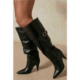 Boots Womens Autumn and Winter New European and American Fashion Metal Buckle Strap Decoration Knee High Sleeve Stiletto Boots 220913