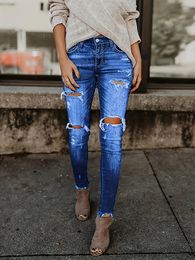Blue Ripped Skinny Jeans Distressed Slim Fit Slash Pockets Raw Hem Denim Pant's Clothing 240103