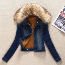 2023 Autumn Winter Fleece Denim Jacket Women Big Fur Collar Short Coat Thicken Velvet Liner Warm Tops Lady Jean Outerwear 240102