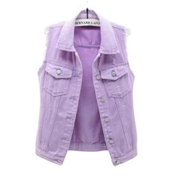 Autumn Short Coats Jean Motor Tops Candy Slim Gilet Overcoat Outerwear Burrs Womens Denim Jackets Sleeveless Spring 240102