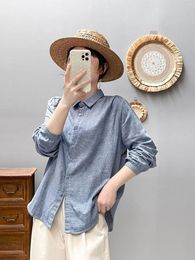 Women's Blouses Plus Size Cotton Yarn Plaid Shirts & Women Japan Style Blue Chequered Ladies Clothes Elegant Clothing