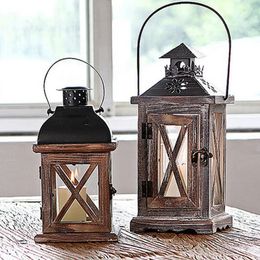 Garden Gift Vintage Hanging Exquisite Home Wedding Wood Metal With Handle European Style Handmade Candle Holder Lantern 240103