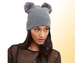 2018 New Women Faux Fur Ball Hat Female Winter Warm Cap Knitted Beanie Girl Double Ball Pom Pom Hats1387154