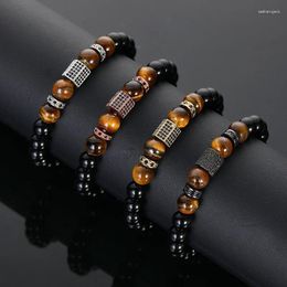 Charm Bracelets Luxury Matte Onyx Stone&Tiger Eye Combination Cubic Zircon Hand Jewellery Beads Bracelet Elastic Stretch Man