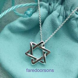 Tifannissm necklace Classic Popular temperamen T family S925 Sterling Silver womens smooth six pointed star hexagonal hollowed ou Have Original Box