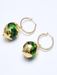 GuaiGuai Jewellery Natural Green Moss Glass Ball Gold Colour Plated Circle Dangle Hook Earrings Handmade For Women9229159