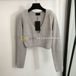 Sexy Hollow Knitwear Women V Neck Knits Top Long Sleeve Cropped Knitwears Designer Letter Knitted Tee