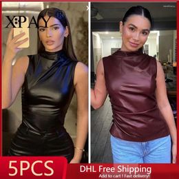 Women's Tanks 5pcs Wholesale Bulk Items Lots PU Leather Pile Neck Sleeveless Top Women Clothing 2024 Fashion Tank Tops Vest Sexy Y2k X12870