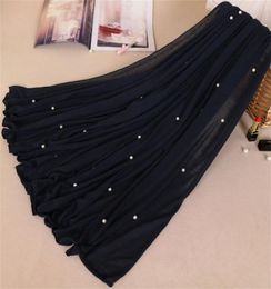 Woman Maxi Plain Pearl Beads Jersey Hijab Scarf Polyester Cotton Shawl Snood Muslim Sjaal Head Wrap Solid Foulard Stole 18080Cm Y9661522