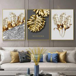 Paintings Modern Golden Leaf Poster Abstract Luxury Flower Wall Art Canvas Painting Nordic Print Wall Pictures for Living room Decoration X0