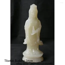 Decorative Figurines 14" China Natural White Jade Carving Avalokitesvara Boddhisattva Vase Sculpture