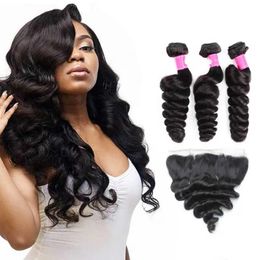 Weaves 8A Virgin Brazilian Loose wave Hair Bundles With Lace Frontal Closure 1B Peruvian Human Hair Bundles With Frontal Deal Forawme Fre