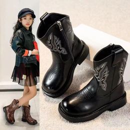 Boots Autumn Girls' Vintage Short Children's Embroidered PU Knight Soft Sole Versatile Fashion Single Leather