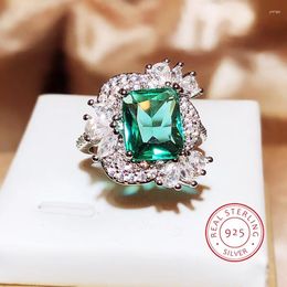 Cluster Rings Imitation Emerald Tourmaline Full Diamond Princess Square Opening Ring For Women 925 Silver Jewellery Wedding Birthday Gift