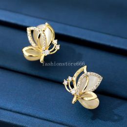 Delicate Shining Rhinestone Opal Butterfly Stud Earrings for Women Girl Golden Colour Creative Butterfly Metal Geometric Earrings