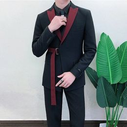 Ternos Masculino Spring Long Sleeve Belt Decoration Man Suit Korean Groom Men Slim Fit Weave Bring Full Dress 240103