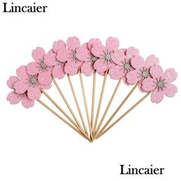 Cupcake Lincaier 10Pcs Pink Cherry Blossoms Toppers Girl Birthday Party Decorations Kids Sakura Cake Supplies Accessories Flower Dro Dhhn1