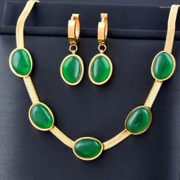 Necklace Earrings Set Stainless Steel Emerald Green Centre Stone Earring Bracelet Women's Colourless Jewellery