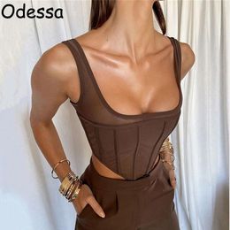 Tops Odessa Sexy Black Corset Top Double Mesh See Through Sleeveless Bare Back Skinny Strap Tube Cropped Fashion Clothe Women Corsets