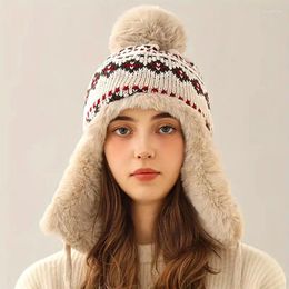 Berets Women Warm Knitted Hat Beanies Jacquard Ear Flap Protection With Pom Fleece Thickened Plush Vintage