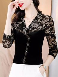 Women's Blouses 2024 Spring Autumn Fashionable Korean Edition Mesh Spliced Golden Velvet Bottom Shirt Slim Fit Long Sleeved Top Z4334