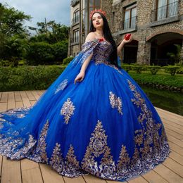 Blue Off Shoulder Ball Gown Quinceanera Dresses 2024 Sweet 16 Princess Appliqued Lace With Cape Party Gowns Vestido De 15 Anos