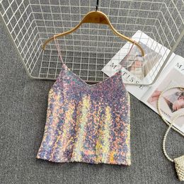 Women's Tanks Summer Fashion Sexy Sparkling Sequin V-neck Camisole Outer Wear Foreign Style Short Loose Sleeveless Top Trendy