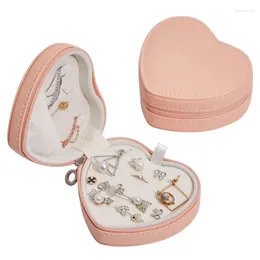 Jewelry Pouches Pink Heart Box Protable Travel Mini PU Leather Case Ring Stud Earring Necklace Storage Organizer With Zipper