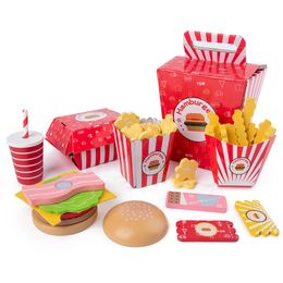 Wooden Burger And Fries Deluxe Dinner Set, Kitchen Pretend Play Accessories Toy for Girls