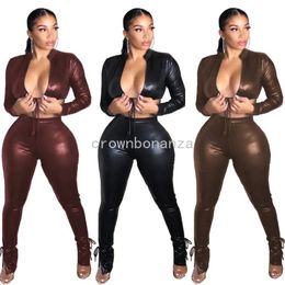 2024 Designer Leather Outfits Women Spring Two Piece Sets Sexy V Neck Crop Top and Leggings Matching Sets Casual PU Tracksuits Bulk Wholesale Clothes