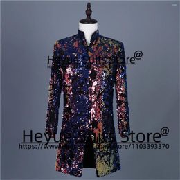 Men's Suits Fashion Shiny Sequin Prom Long Men Slim Fit Stand Collar Groom Wedding Tuxedos 2 Pcs Sets Formal Male Blazer Costume Homme