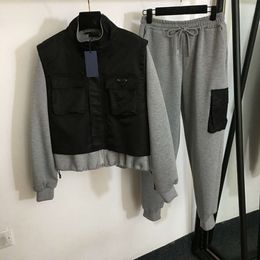 Women's Suits & Blazers Workwear Style Space Cotton Set Triangle Label Pocket Colour Block Long Sleeve Zipper Coat+elastic Waist Casual Pants