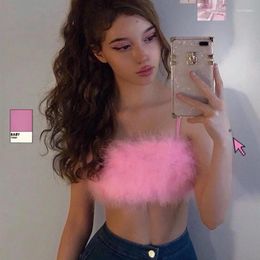Women's Tanks Feather Pink Top Candy Color Faux Fur Strap Wrapped Chest Tank Y2k Lady Underwear Summer Wraps Crop
