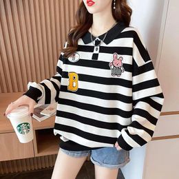 Women's T Shirts Fashion Spliced Embroidery Loose Striped T-Shirt Female Clothing 2024 Autumn Winter Oversized Korean Tops Casual Tee Shirt