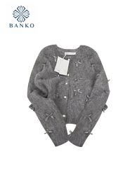 French Kawaii Bow Knitted Cardigan Women Harajuku Hip Hop Oversized Jumper ONeck Long Sleeve Grey Sweater Korean Y2K Streetwear 240103