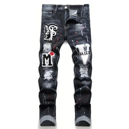 Men y2k Stretchy Denim jeans Ripped Skinny Letter Print elastic waist Casual pants for men Hole Slim Fit Hip Hop Trousers 240102