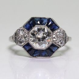 Antique Jewellery 925 Sterling Silver Diamond Sapphire Bride Wedding Engagement Art Deco Ring Size 5128882128