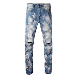 Jeans patchwork firmati per uomo jeans impilati denim lacrime jeans lunghi pantaloni skinny da motociclista strappati effetto consumato blu viola da uomo sono lavati di marca vecchi jeans slim triturati