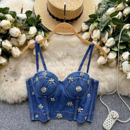 Women's Tanks Spicy Girl Flower Embedding Diamond Denim Suspended CAMIS For Women Summer Outwear With Chest Cushion Open Back Top