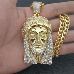 necklace moissanite chain Hip Hop Men Golden Colour Iced Out Bling Rhinestone 14k Yellow Gold Big Jesus Piece Necklaces Pendants With Chains Vogue Jewellery